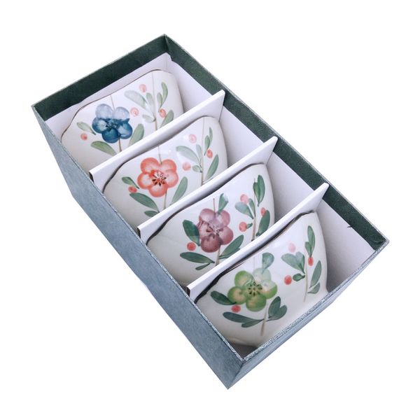 Vintage 4-piece Japanese bowl set with hand-painted floral designs, 5-inch porcelain for rice or soup