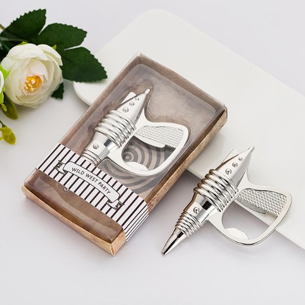 Vintage pistol-shaped beer opener for weddings, parties, and gifts, packaged in a retail box