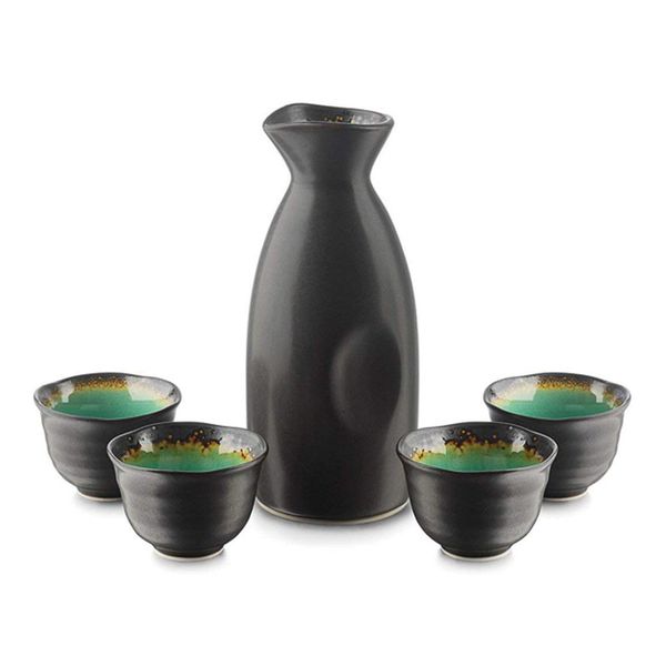 Vintage turquoise and black glazed ceramic sake set with bottle and 4 cups for Japanese dining