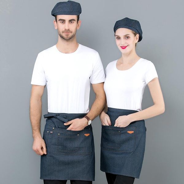 Waist denim apron for catering, baking, and bar service in blue, suitable for both men and women chefs