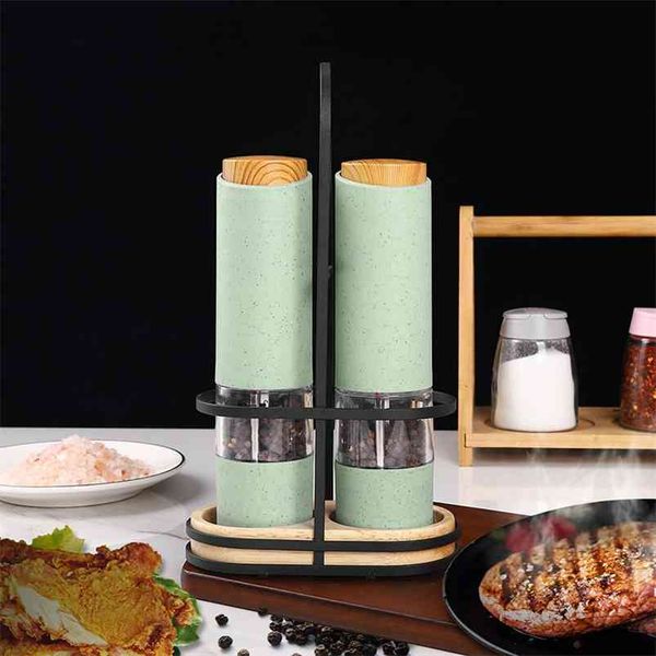 Wheat straw electric salt and pepper grinder set with LED light, auto spice mill featuring adjustable coarseness and ceramic core