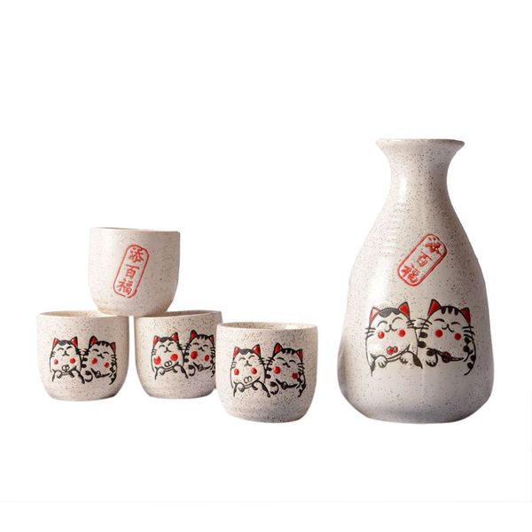White ceramic Japanese sake set with lucky cat design, includes four cups and 250ml flask for Asian-style dining