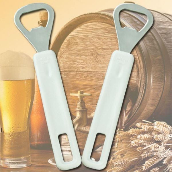 White-handled stainless steel bottle opener with a hanging hole, a simple and practical kitchen tool made from zinc alloy