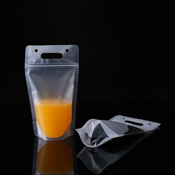 Wholesale clear stand-up drink pouches for juice packaging, featuring self-sealing frosted beverage bags model W9925
