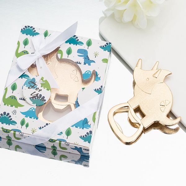 Wholesale gold dinosaur-themed beer bottle openers, perfect for weddings, parties, and baby birthday gifts, with retail packaging