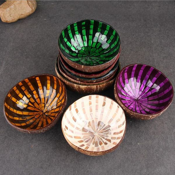 Wholesale hand-painted Vietnamese coconut shell bowls, colorful decorative wooden storage for candy, free shipping included
