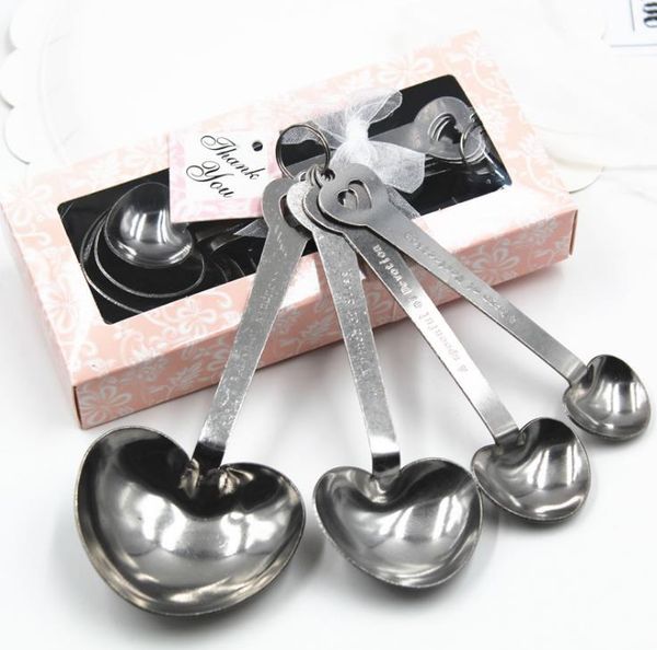 Wholesale heart-shaped measuring spoons set, perfect as wedding favors, includes 4 pieces per gift box, available in 300 sets per lot SN399