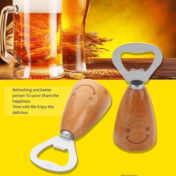 Wholesale wooden handles with stainless steel openers featuring anti-slip smile design for durable handheld bottle opening