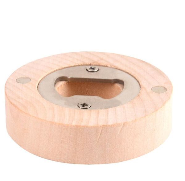 Wooden bottle opener with round coaster and fridge magnet for beer decoration